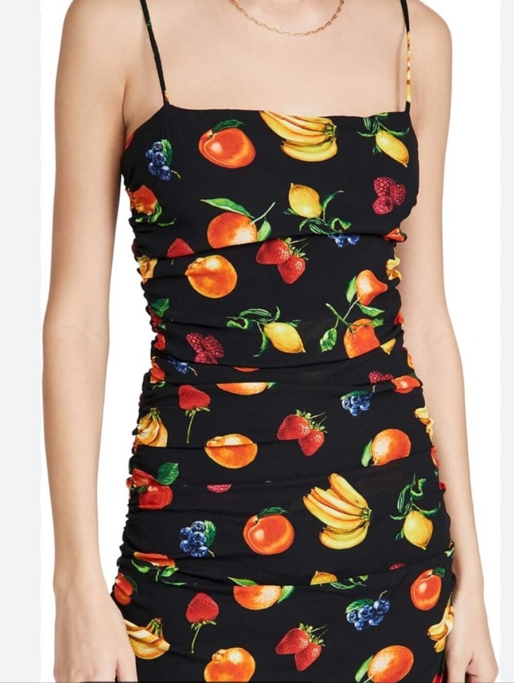 WeWoreWhat Ronnie Ruched Mini Dress in Black and Fruit Print - Med